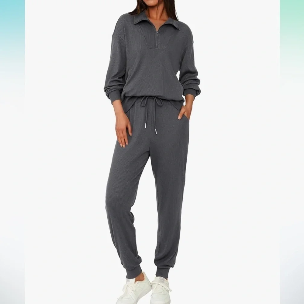 Women's Gray Ribbed Tracksuit sz M EUC